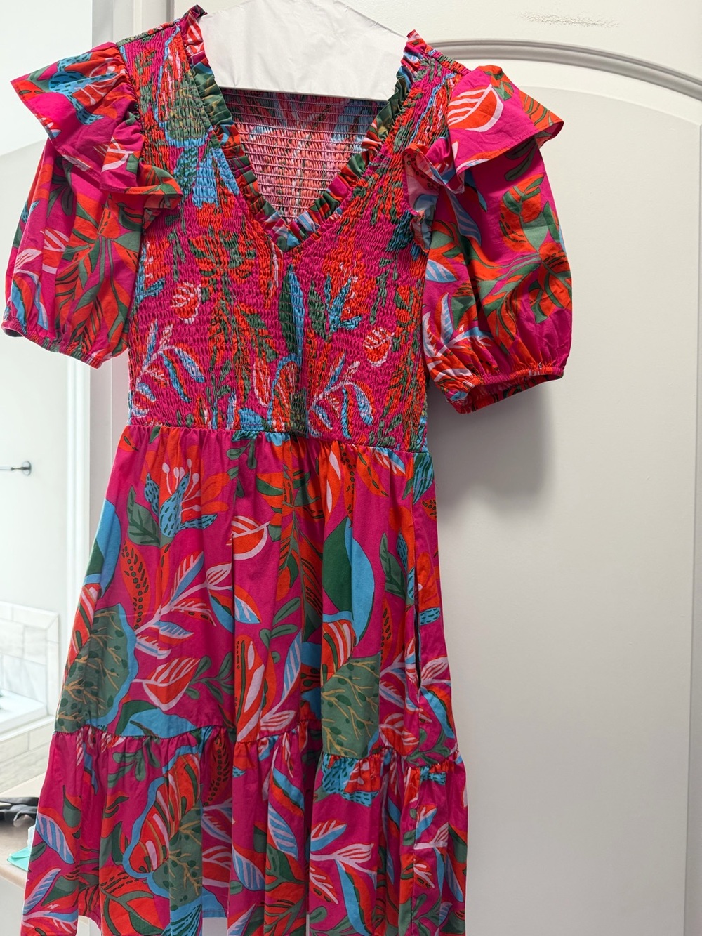 Sugarlips Pink Tropical Print Smocked V-Neck Mini Dress